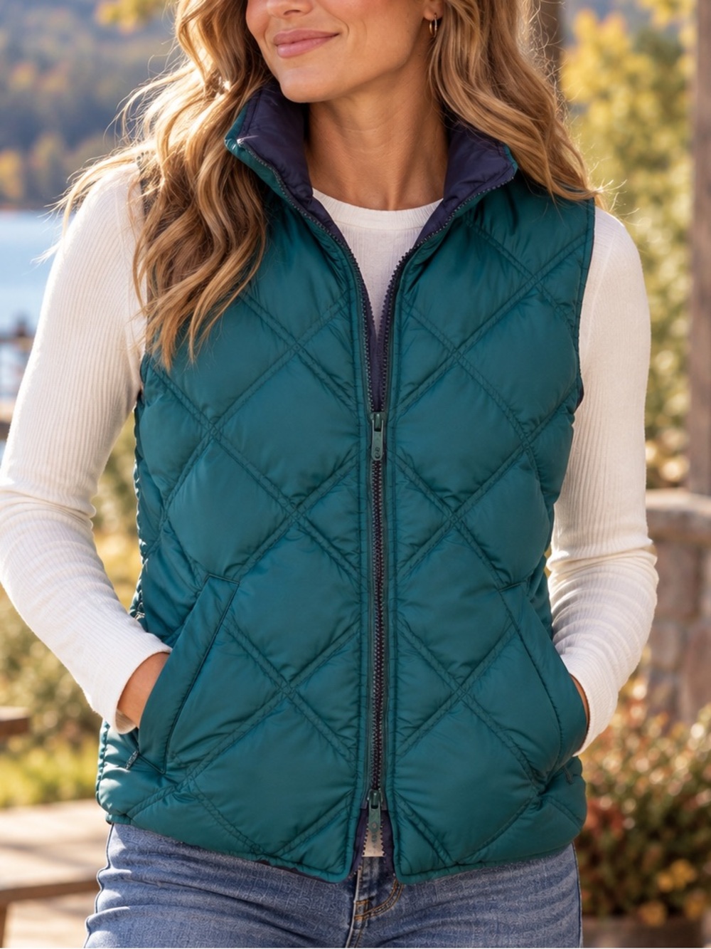 Eddie Bauer Quilted Teal Women's Puffer Vest with Navy Trim